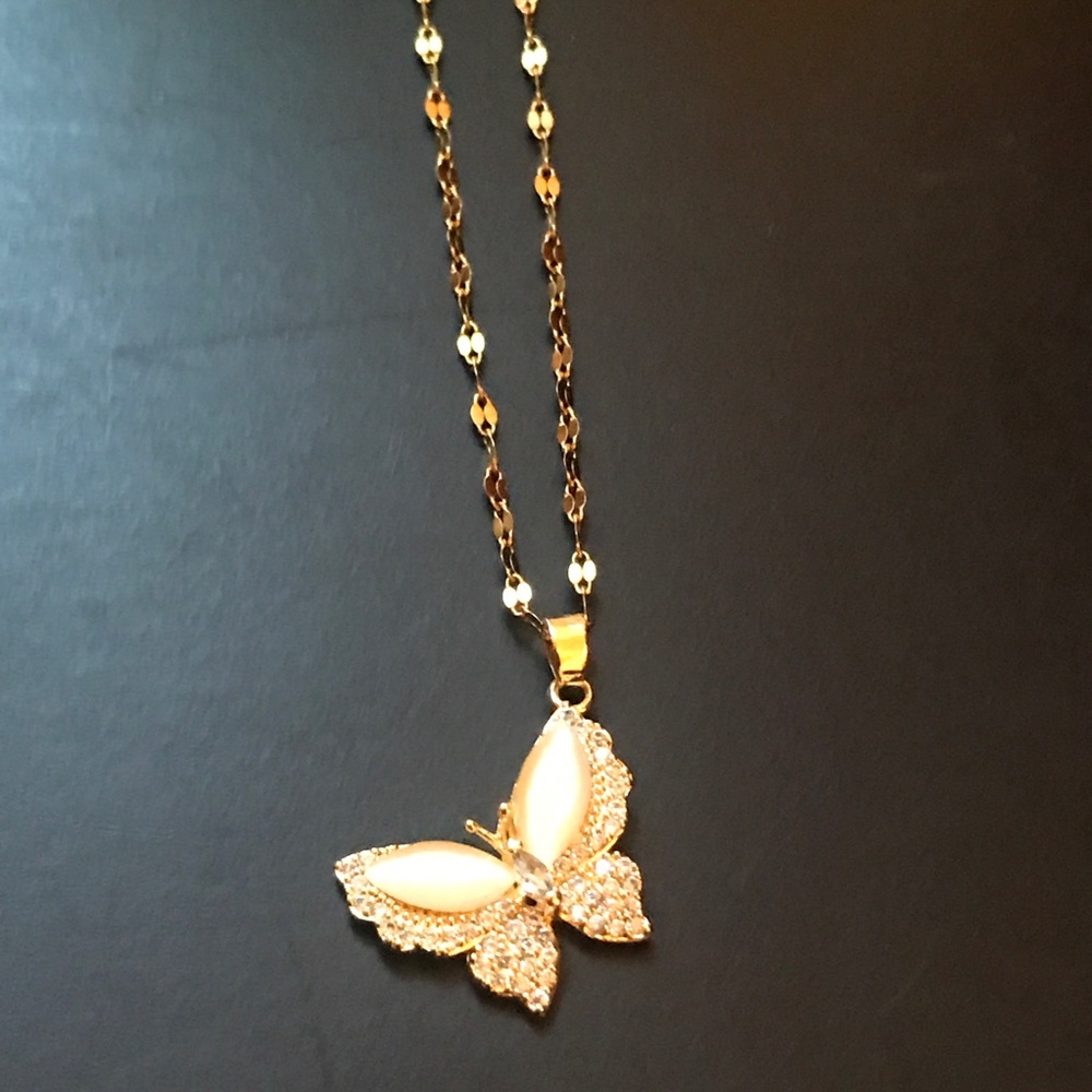 Gold Plating & Stainless Steel Butterfly Pendant & Zircon Crystals